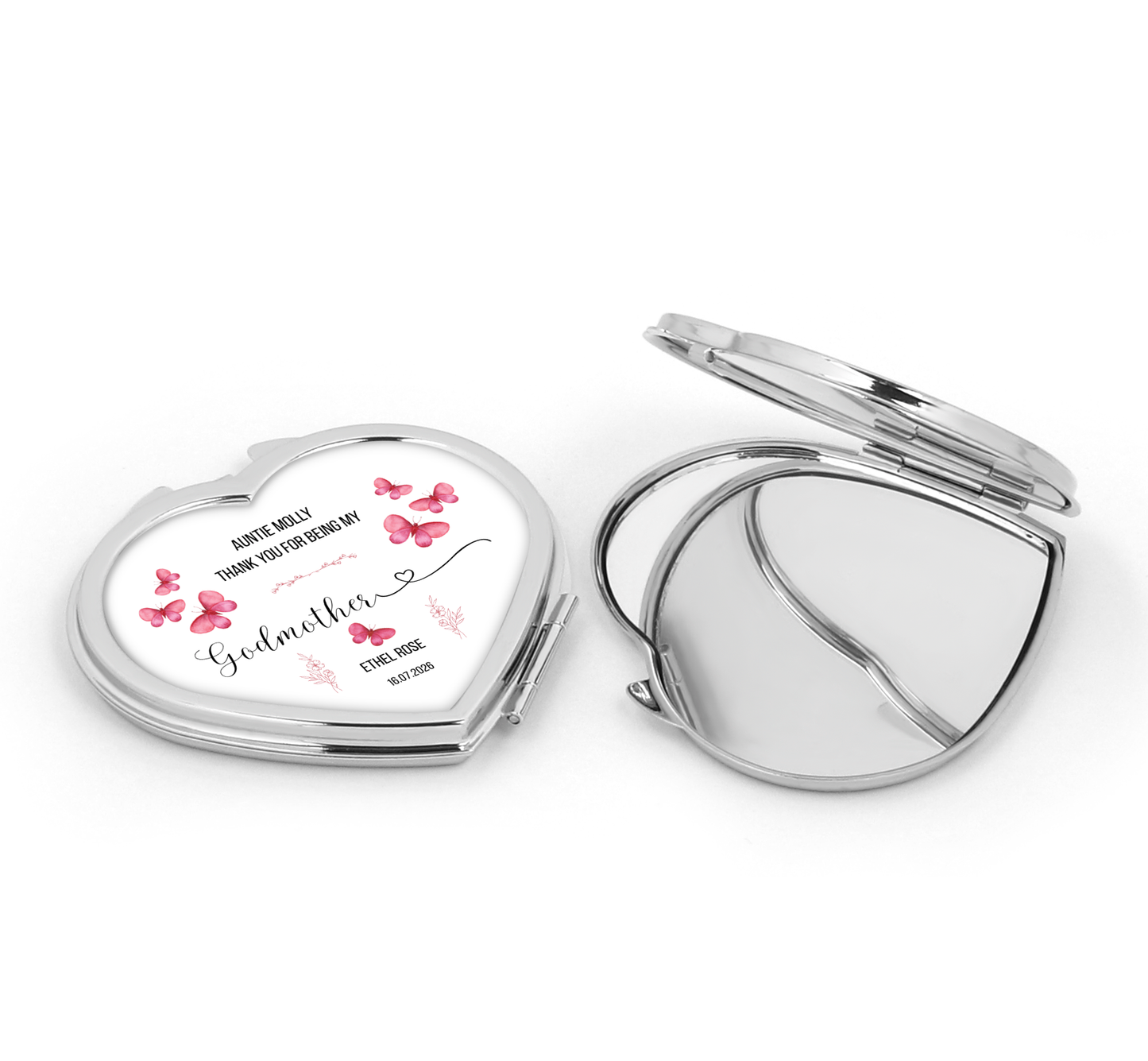 Personalised Heart Compact Mirror - Godmother Thank You