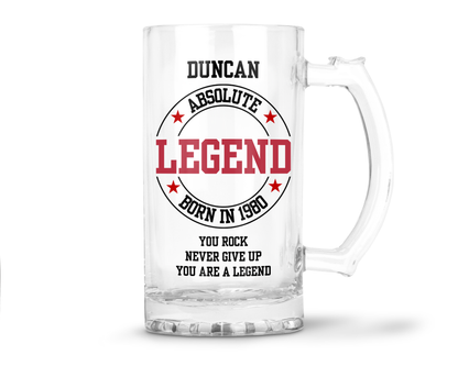 Personalised Clear Glass Beer Tankard Mug - Absolute Legend Birthday Design