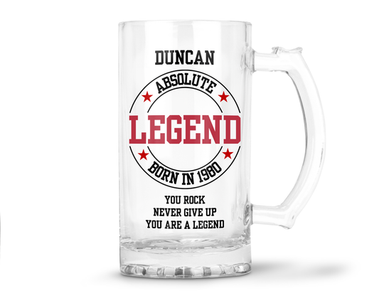 Personalised Clear Glass Beer Tankard Mug - Absolute Legend Birthday Design
