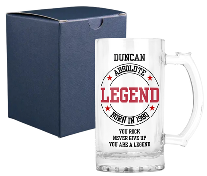 Personalised Clear Glass Beer Tankard Mug - Absolute Legend Birthday Design