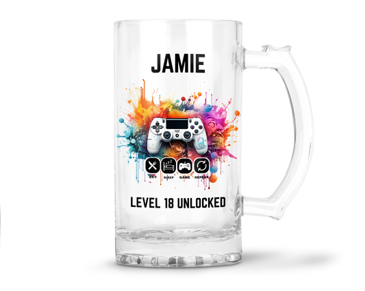 Personalised 16oz Clear Glass Tankard (0.8 Pint) - Gaming Level 18 Unlocked Birthday Design