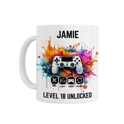 Personalised Ceramic Mug - Level 18 Unlocked Birthday Gaming Design