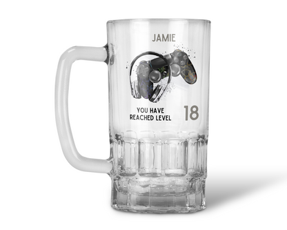 Personalised 20oz Pint Clear Glass Beer Tankard Mug - Level 18 Gamer Design