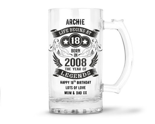 Personalised 18th Birthday Glass Tankard (16oz) - Life Begins at 18