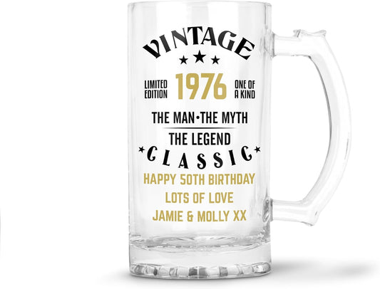Personalised 16oz Clear Glass Beer Tankard Mug - The Man The Myth The Legend Design