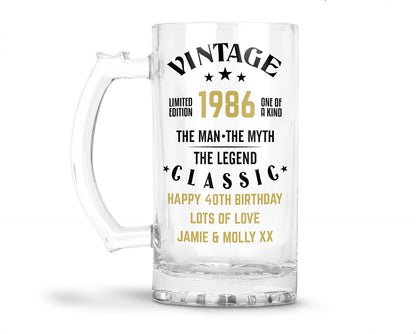 Personalised 16oz Clear Glass Beer Tankard Mug - The Man The Myth The Legend Design