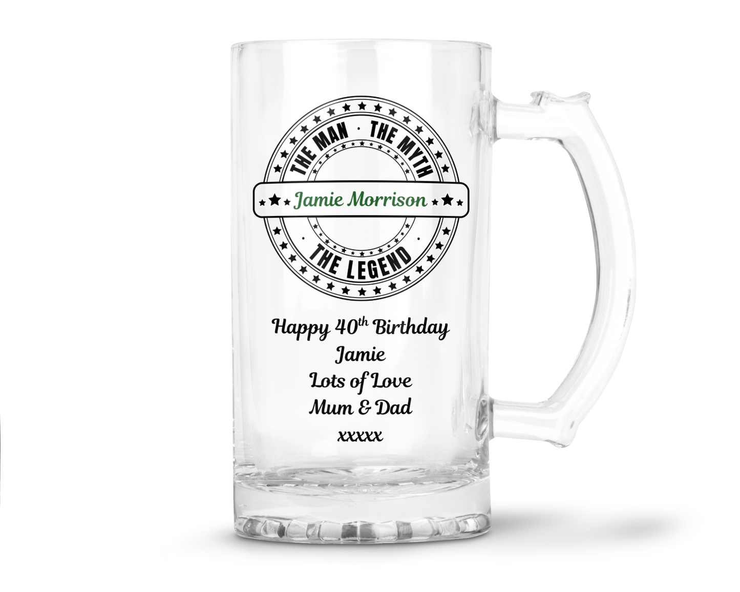 Personalised Clear Glass Beer Tankard Mug - The Man The Myth The Legend Design