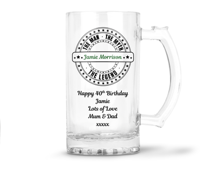 Personalised Clear Glass Beer Tankard Mug - The Man The Myth The Legend Design