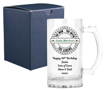 Personalised Clear Glass Beer Tankard Mug - The Man The Myth The Legend Design