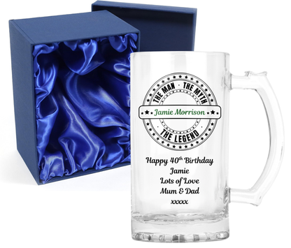 Personalised Clear Glass Beer Tankard Mug - The Man The Myth The Legend Design