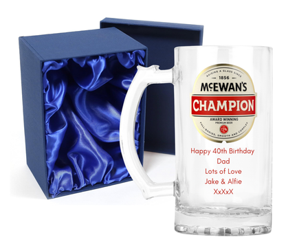 Personalised Glass Beer Tankard Mug - McEwan's Champion Premium Beer Design