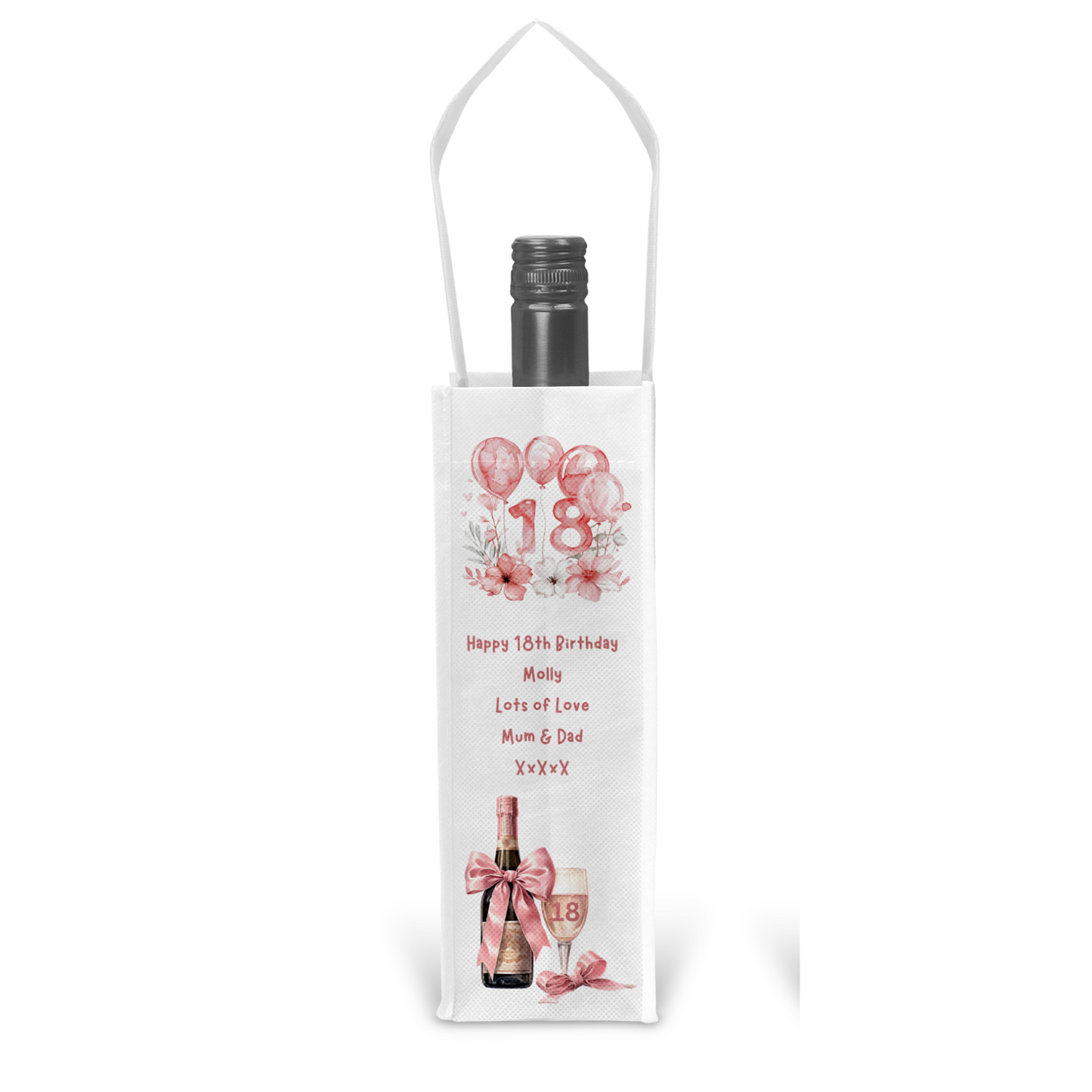 Personalised Bottle Gift Bag - 18th Birthday Champagne & Pink Balloons
