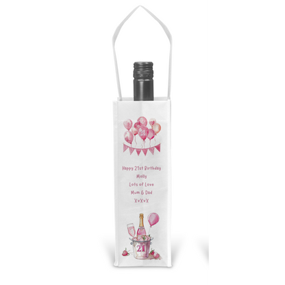 Personalised Bottle Gift Bag - 21st Birthday Champagne & Pink Balloons