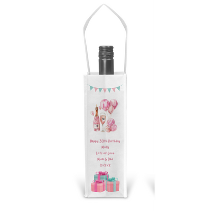 Personalised Bottle Gift Bag - 30th Birthday Pink Balloons Design