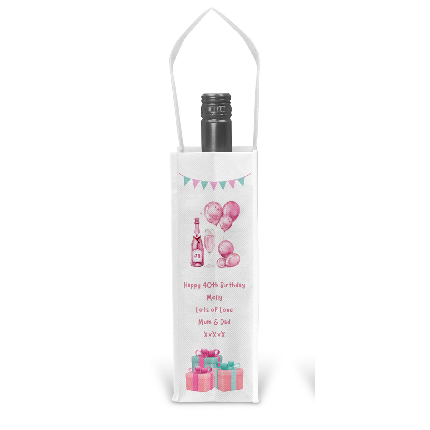 Personalised Bottle Gift Bag - 40th Birthday Champagne & Pink Balloons