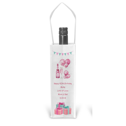 Personalised Bottle Gift Bag - 40th Birthday Champagne & Pink Balloons
