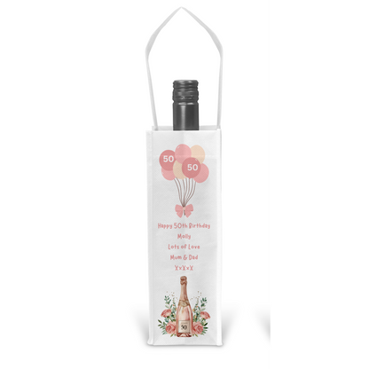 Personalised Bottle Gift Bag - 50th Birthday Champagne & Pink Balloons