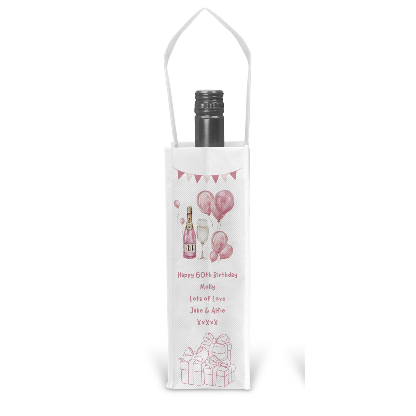 Personalised Bottle Gift Bag - 60th Birthday Champagne & Pink Balloons