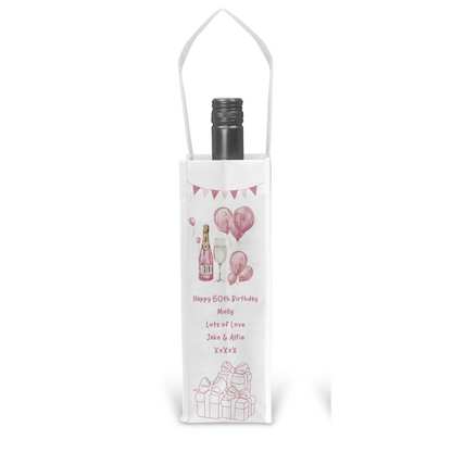 Personalised Bottle Gift Bag - 60th Birthday Champagne & Pink Balloons