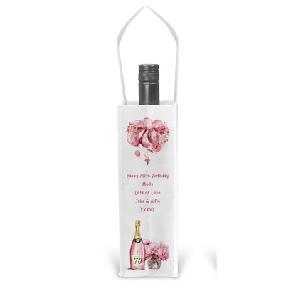 Personalised Bottle Gift Bag - 70th Birthday Champagne & Pink Balloons