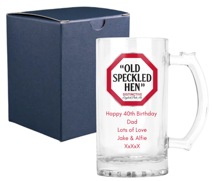 Personalised Glass Beer Tankard Mug - Old Speckled Hen Pale Ale Design