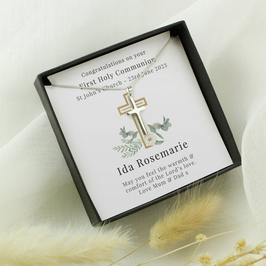 Personalised Christening Communion Cross Necklace and Box