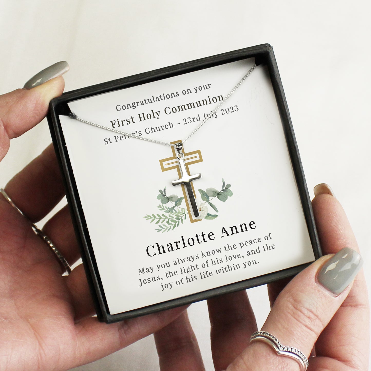 Personalised Christening Communion Cross Necklace and Box