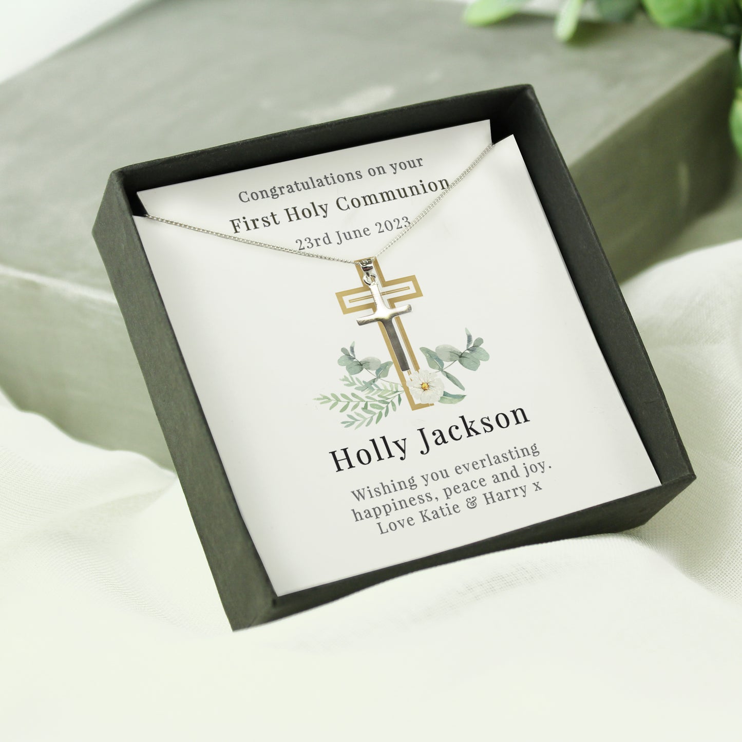 Personalised Christening Communion Cross Necklace and Box