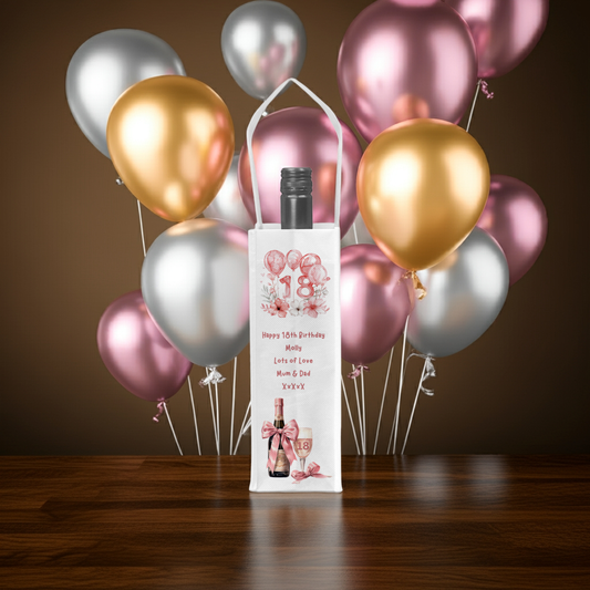 Personalised Bottle Gift Bag - 18th Birthday Champagne & Pink Balloons