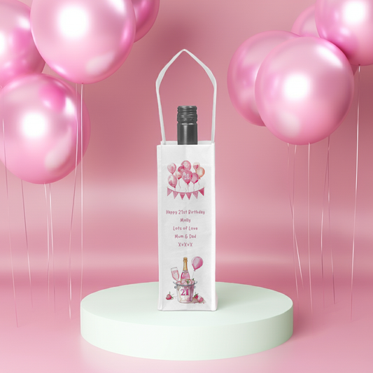 Personalised Bottle Gift Bag - 21st Birthday Champagne & Pink Balloons