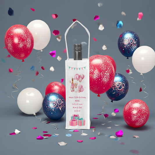 Personalised Bottle Gift Bag - 30th Birthday Champagne & Pink Balloons