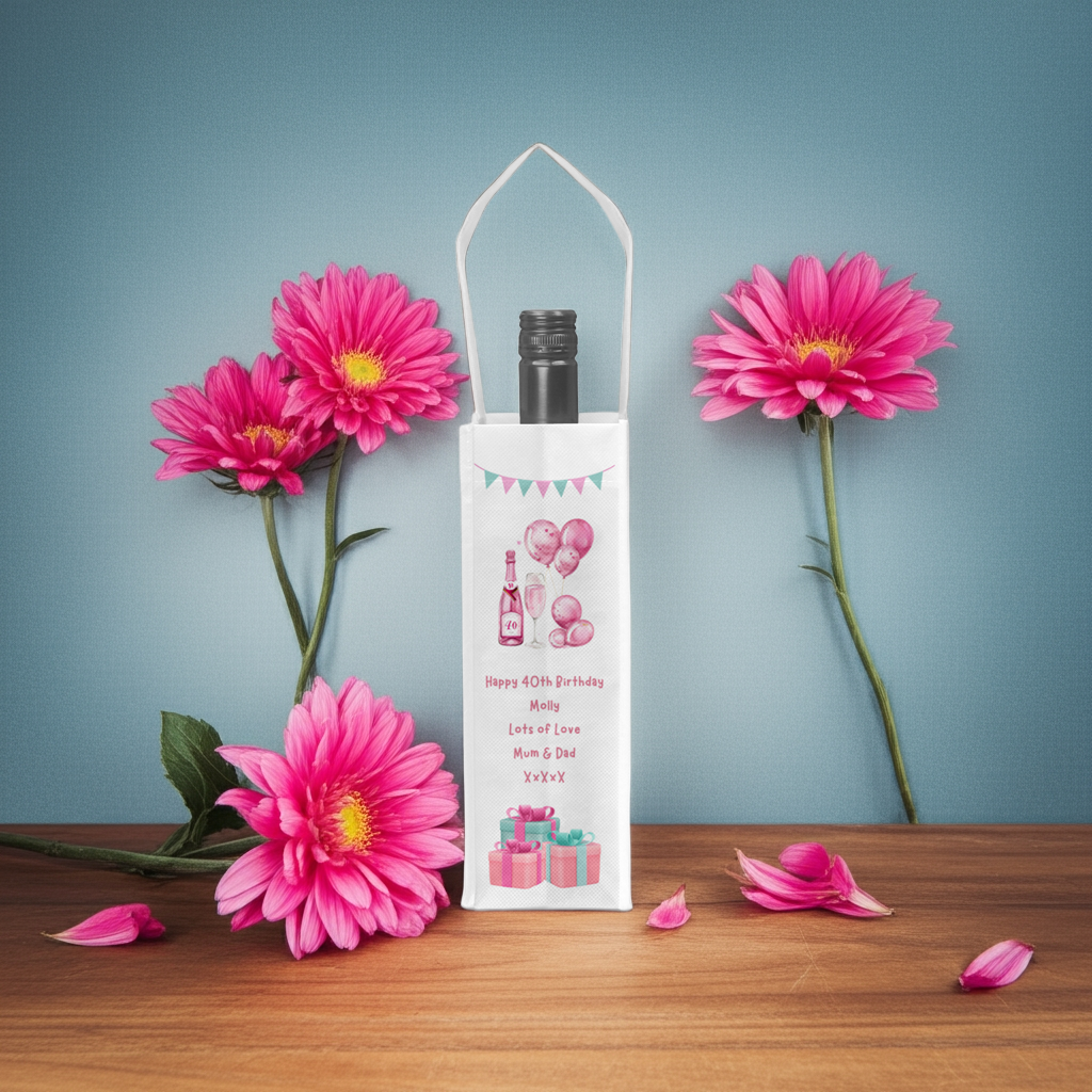 Personalised Bottle Gift Bag - 40th Birthday Champagne & Pink Balloons