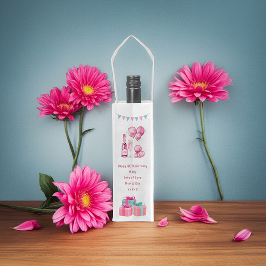 Personalised Bottle Gift Bag - 40th Birthday Champagne & Pink Balloons