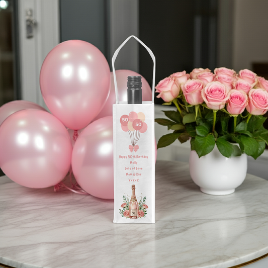 Personalised Bottle Gift Bag - 50th Birthday Champagne & Pink Balloons