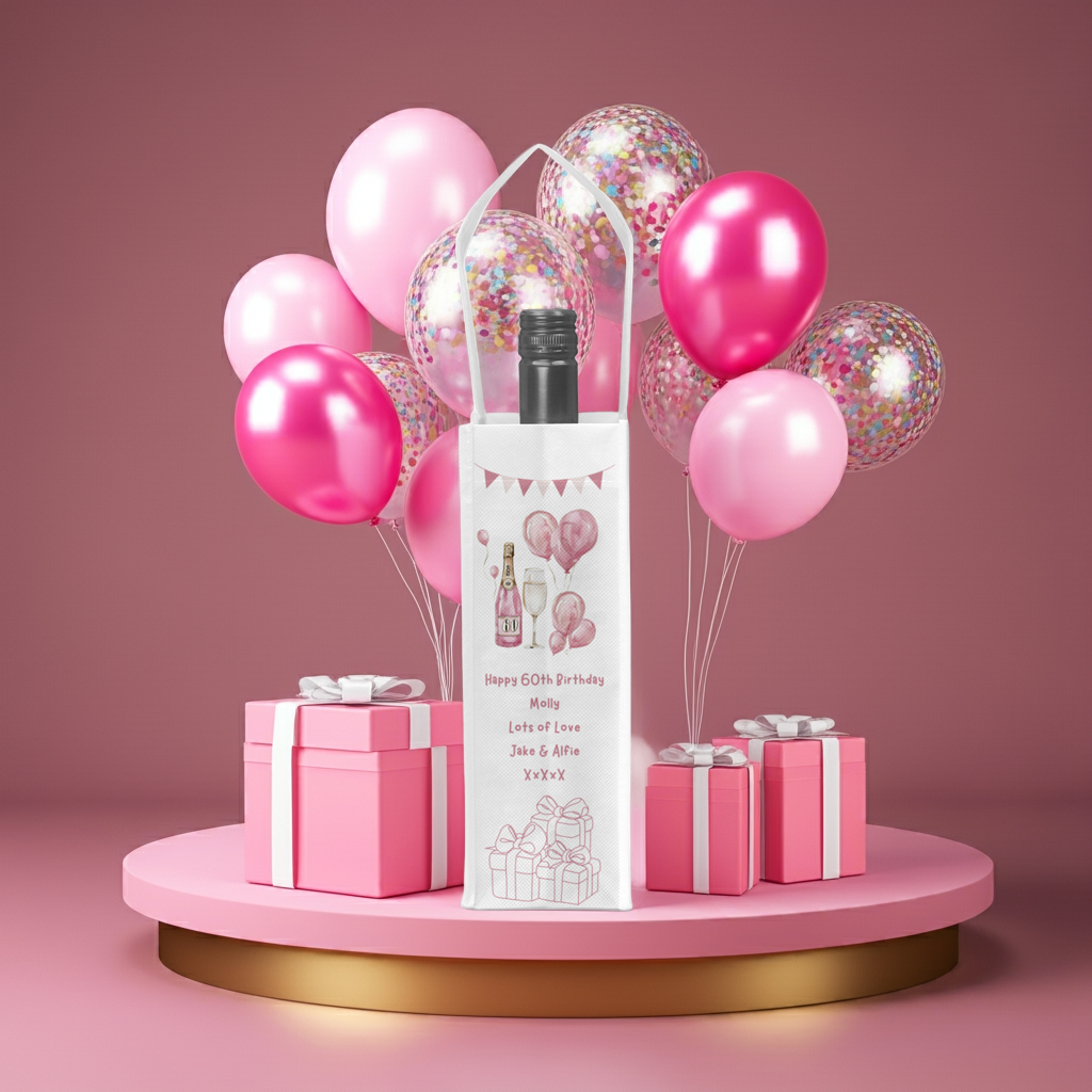 Personalised Bottle Gift Bag - 60th Birthday Champagne & Pink Balloons