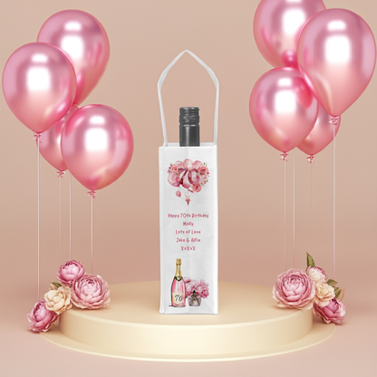 Personalised Bottle Gift Bag - 70th Birthday Champagne & Pink Balloons