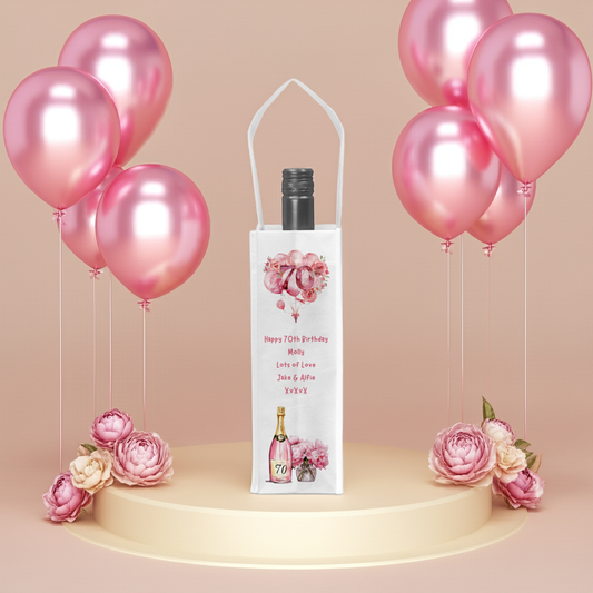 Personalised Bottle Gift Bag - 70th Birthday Champagne & Pink Balloons