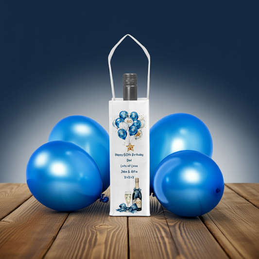 Personalised Bottle Gift Bag - Birthday Champagne & Blue Balloons