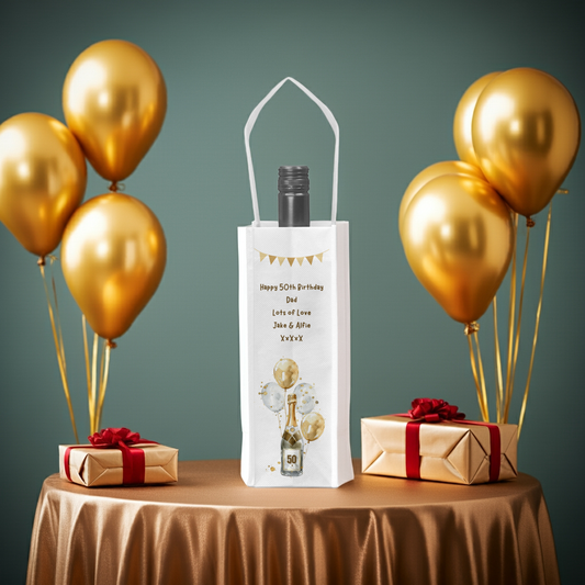 Personalised Bottle Gift Bag - Birthday Champagne & Gold Balloons