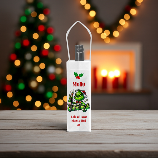 Personalised Bottle Gift Bag - Christmas Grinch Design