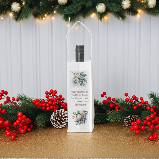 Personalised Bottle Gift Bag - Christmas Holly Design