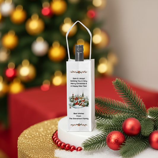 Personalised Bottle Gift Bag - Christmas Village Scene Design