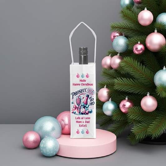 Personalised Bottle Gift Bag - Christmas Prosecco Pink Design