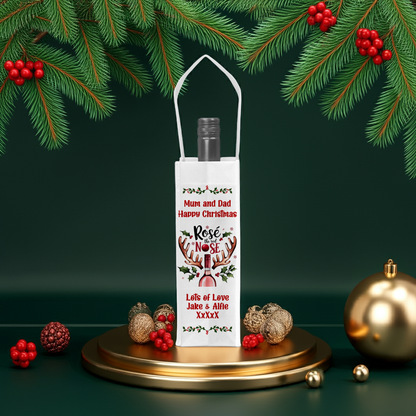 Personalised Bottle Gift Bag - Christmas Rose Wine Reindeer