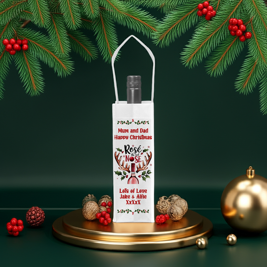 Personalised Bottle Gift Bag - Christmas Rose Wine Reindeer