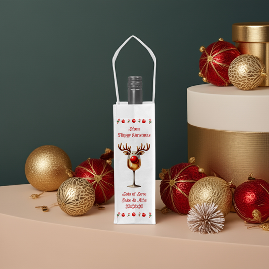 Personalised Bottle Gift Bag - Christmas White Wine Reindeer