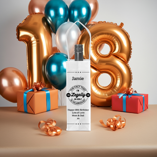 Personalised Bottle Gift Bag - Legally An Adult 18th Birthday Design