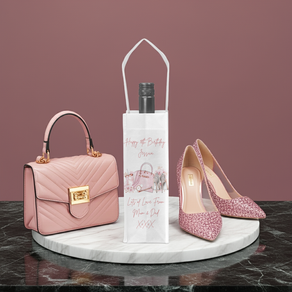 Personalised Bottle Gift Bag - Pink Shoes & Handbag Design