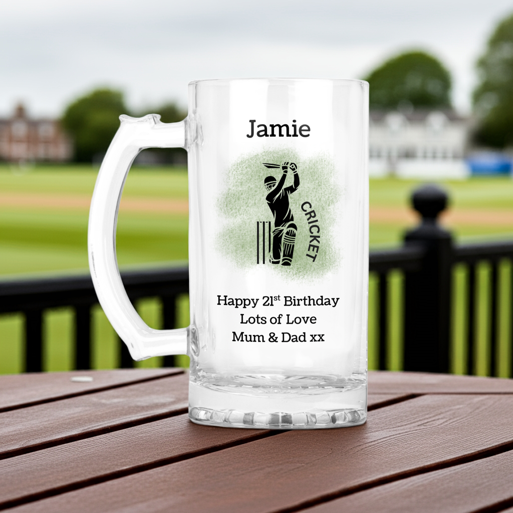 Personalised Clear Glass Tankard - Cricket Design