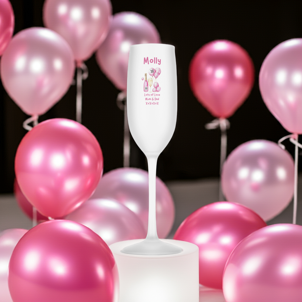 Personalised Flute Glass - 30th Birthday Pink Balloons